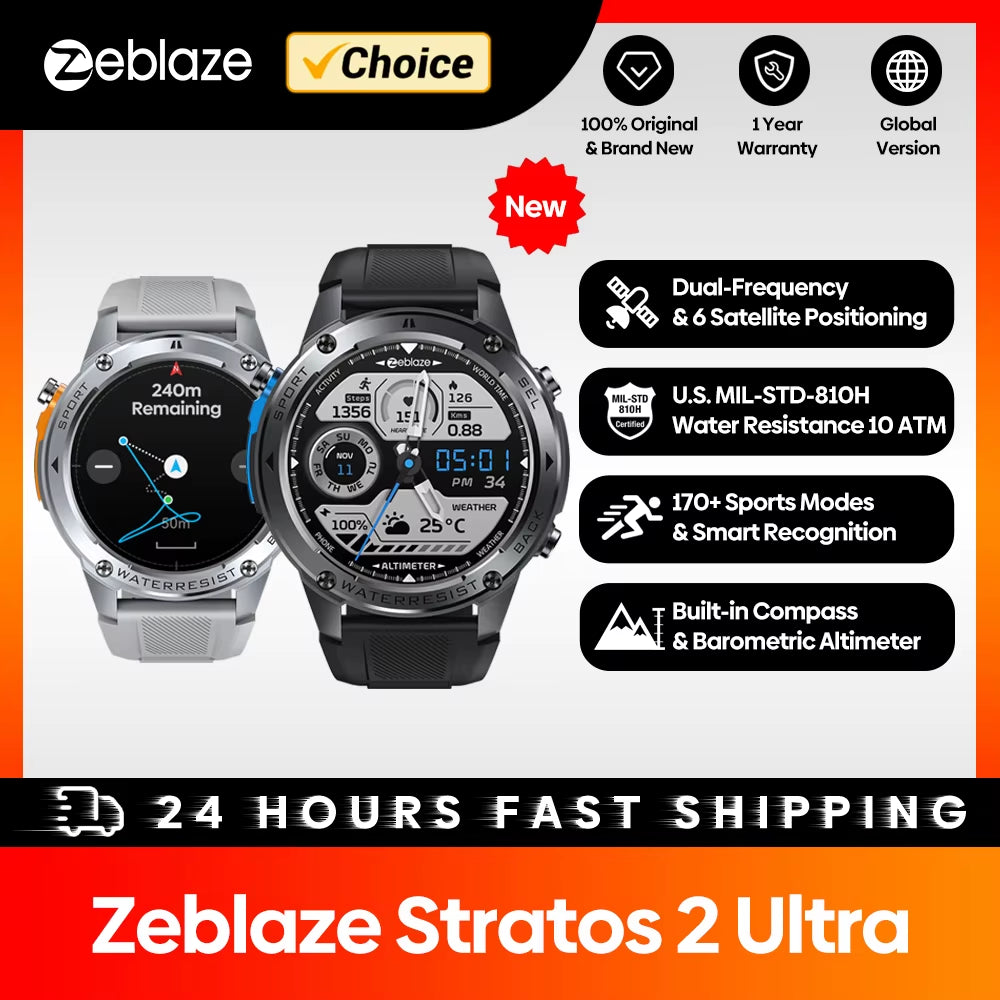 Zeblaze Stratos 2 Ultra GPS Smartwatch with Built-In Compass, Barometric Altimeter, Dual-Band GNSS, Voice Calling, and 10 ATM Water Resistance